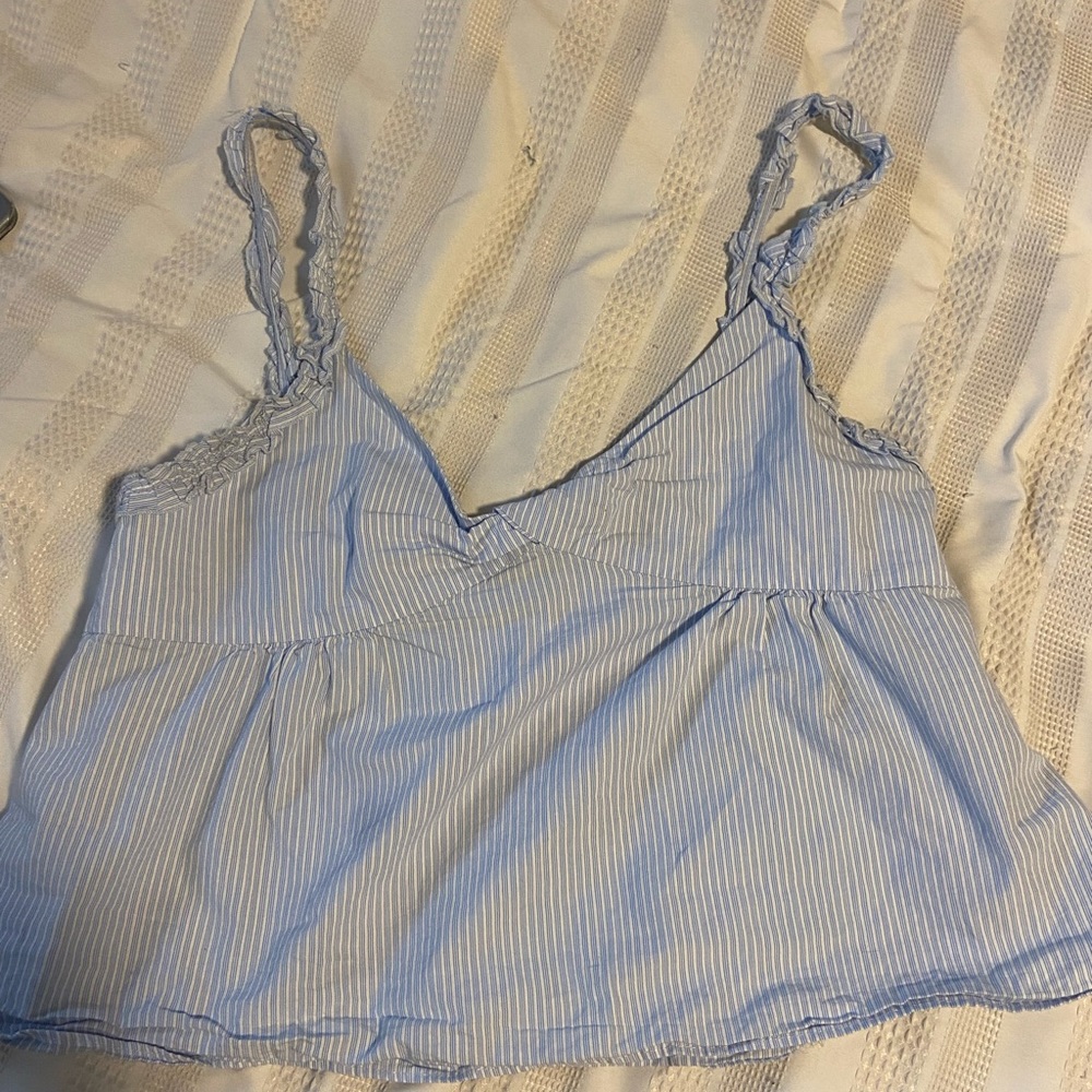 Zara Blue and White Striped Blouse Top